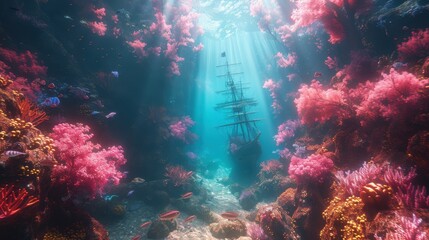 Fototapeta premium A serene underwater world with colorful coral reefs, exotic fish, and a sunken pirate ship, illuminated by sunlight filtering through the water
