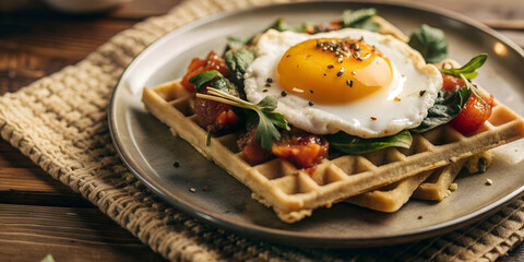 Waffles with Fried Egg, herbs and vegetables on a plate, breakfast