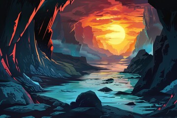 Obraz premium Mystical sunset over alien planet canyon river