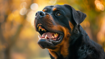 Fototapeta premium Close up of a menacing Rottweiler dog barking. Aggressive and dangerous guard dog outdoors with wide open mouth and big teeth. 