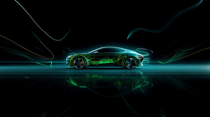  black sports car with green luminous lines on a dark background
