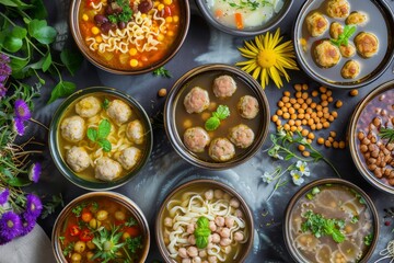 Soup Collection, Noodle, Meatballs and Chickpea Soups on a Rustic Background Top View, Various Broth