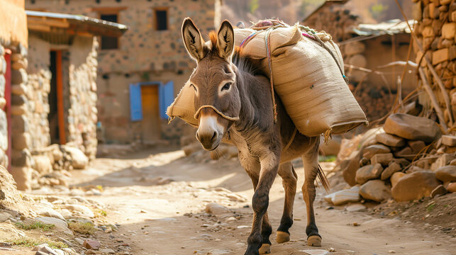 A domestic donkey with heavy luggage, used as a means of transport in the rural landscape, walking around the area on a sunny day.