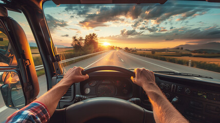 A view from inside the cab of a truck, with the driver's hands on the steering wheel as he steers the vehicle along an empty highway during sunset.
