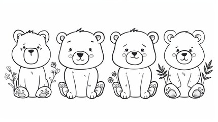 Four Adorable Cartoon Bears with Flower and Leaf Details