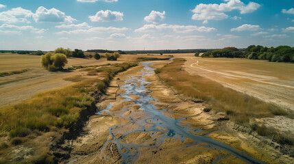 Obraz premium A dry, waterless course of the river that reveals the empty bed and parched fields of the valley.