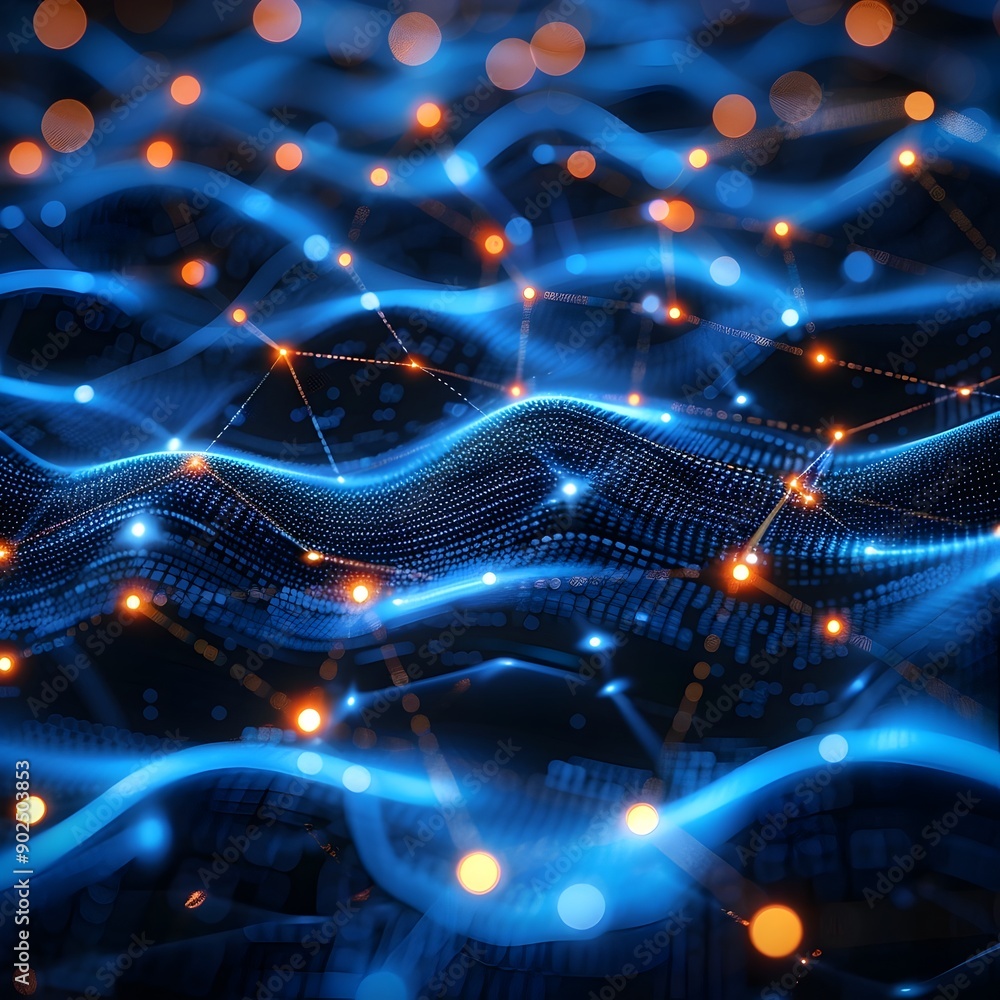 Poster glowing digital network with interconnected nodes and flowing data streams in dark cyber background
