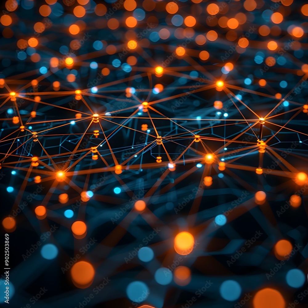 Poster interconnected glowing nodes and data streams flow through a cyber dark background