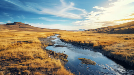 Fototapeta premium A dry, waterless course of the river that reveals the empty bed and parched fields of the valley.