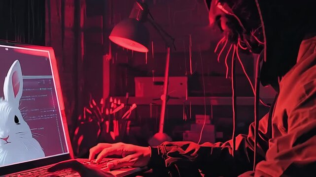 Hacker in Dark Room with Rabbit Image with Ai generated.
