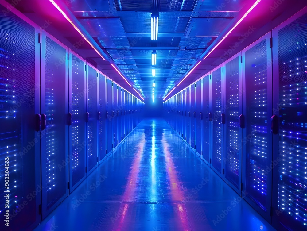 Poster high tech data center with endless rows of servers bathed in captivating blue glow