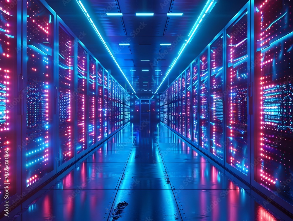 Poster endless rows of servers in a futuristic data center bathed in captivating blue glow
