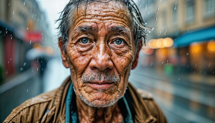 Close up portrait of a weathered senior Asian man standing in the rain on a city street. His face shows experience and resilience.