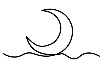 Continuous one line drawing of moon icon. Crescent moon for Ramadan isolated on white background outline vector art illustration