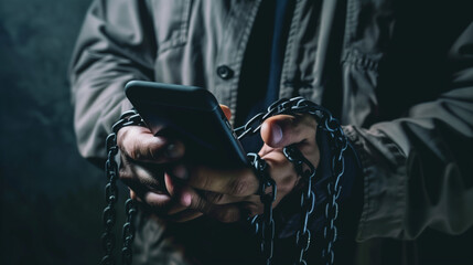 A man holding a smartphone, with chains around his wrist and hand, symbolizes addiction to social media and internet browsing.