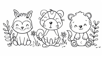 Obraz premium Cartoon Animals: Rabbit, Tiger, and Lion with Flowers and Leaves