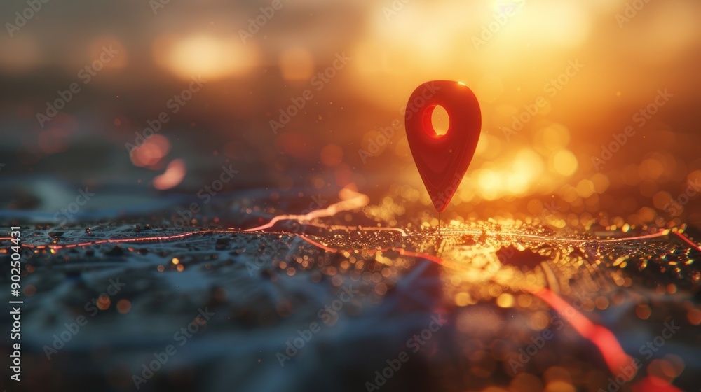 Poster red location pin on a detailed map with a sunset background