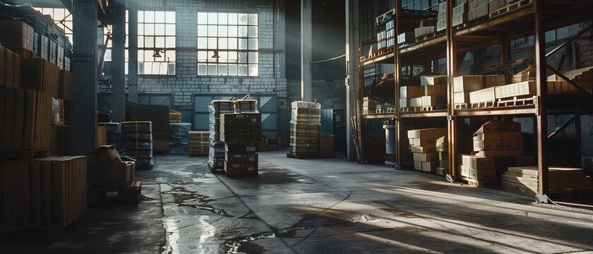 A spacious warehouse interior with organized shelves and boxes.