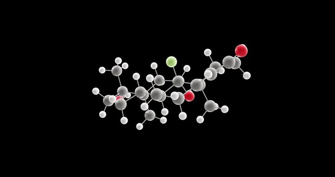 Fluoxymesterone molecule, rotating 3D model of anabolic steroid, looped video on a black background