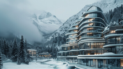 Fototapeta premium A tall hotel with a modern, glass structure, surrounded by snow-covered mountain peaks. An ideal place for tourists wishing to spend a weekend of recreation. 