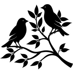 Two birds sitting on a branch silhouette vector illustration design