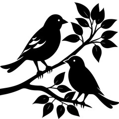 Two birds sitting on a branch silhouette vector illustration design