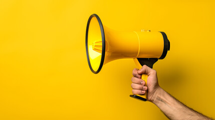 Hand holding yellow megaphone against vibrant yellow background.