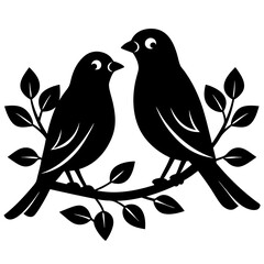 Two birds sitting on a branch silhouette vector illustration design