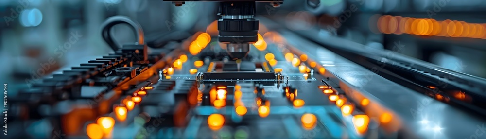 Poster intricate high speed assembly line producing advanced consumer electronics
