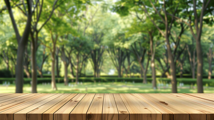 Fototapeta premium Wooden tabletop against blurred forest background.