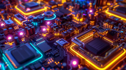 Obraz premium Colorful illuminated circuit board with neon lights.