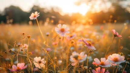 Wildflowers in a sunlit meadow at sunrise.