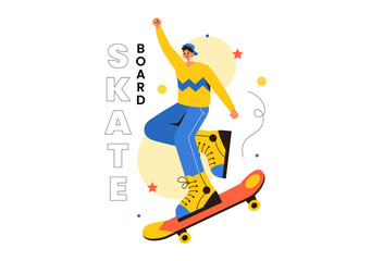 Skateboard Vector Illustration with Skateboarders Jumping on a Springboard in a Skatepark in Extreme Sports on Flat Style Cartoon Background