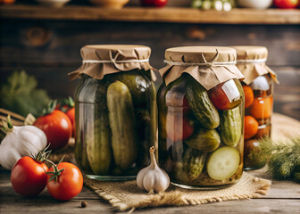 Pickled cucumbers and tomatoes in glass jars on the table, seasonal vegetables, canning, home cooking, countryside, preparations.