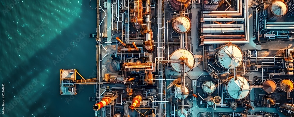 Poster expansive aerial view of complex oil refinery with intricate pipelines and structures