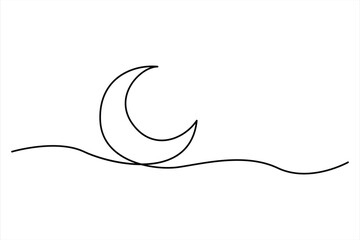 Continuous one line drawing of moon icon. Crescent moon for Ramadan isolated on white background outline vector art illustration