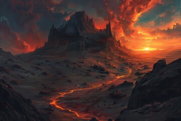 Desolate Volcanic Landscape with Ancient Ruins