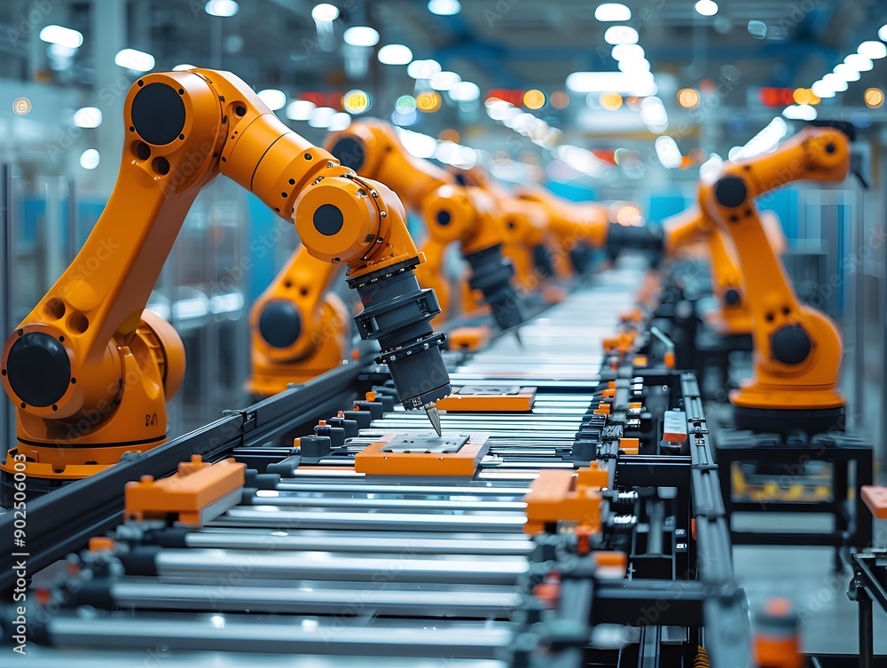 Poster detailed view of robotic assembly line in high tech electronics factory showcasing advanced manufact