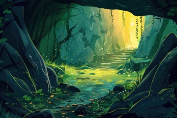 Fototapeta premium Mystical journey through a magical forest with vibrant flora and a hidden path leading to an ethereal light