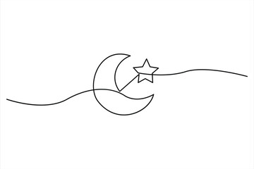Continuous one line drawing of moon icon. Crescent moon for Ramadan isolated on white background outline vector art illustration
