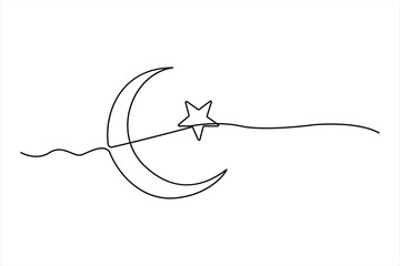 Continuous one line drawing of moon icon. Crescent moon for Ramadan isolated on white background outline vector art illustration