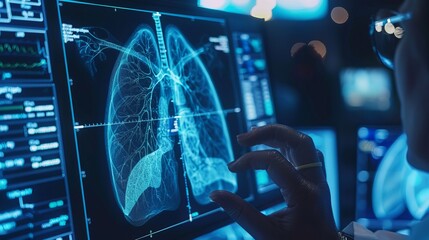 Radiology Doctor Diagnosing Long COVID-19 with Virtual Human Lungs on Modern Interface Screen - Healthcare and Medical Technology Innovation