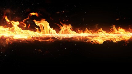 Horizontal Stream of Fiery Flames with Sparks on a Black Background