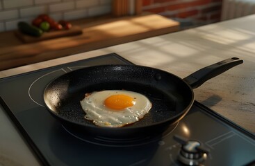 Fried egg in a frying pan, Fried egg in kitchen, Breakfast cooking with fried egg, Perfectly cooked fried egg on stove.