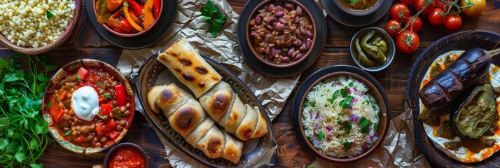 Fototapeta premium Traditional Georgian Lunch Set with Red Beans Lobio, Eggplant Pepper Rolls and Cheese Plate Top View
