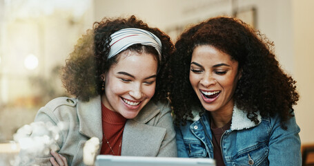 Women, friends and excited at cafe on tablet with goods news or email notification for job interview. People, sisterhood and smile or happy on website or online post for rewards and bonus on date