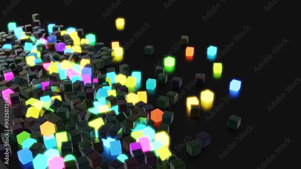 Poster abstract garland of multicolored glow cubes lay on plane. 3d render abstract looped christmas backgr