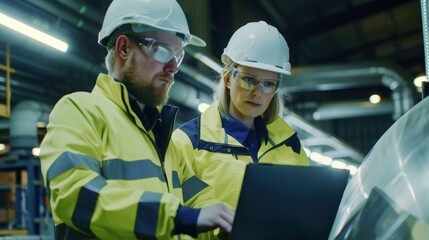 Two Industrial Workers Wearing Hard Hats and Safety Glasses Using a Laptop