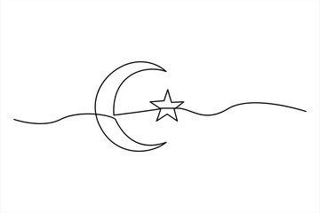 Continuous one line drawing of moon icon. Crescent moon for Ramadan isolated on white background outline vector art illustration