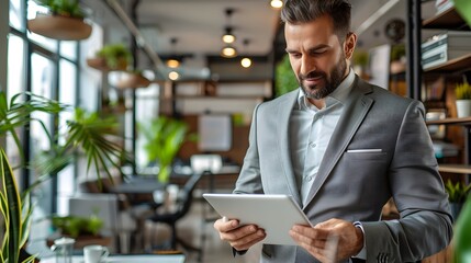 Obraz premium Corporate Executive Reviewing Insurance Policies on Digital Tablet in Modern Office Setting